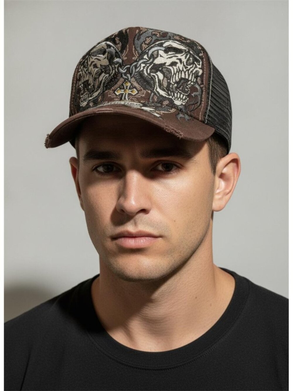 Vintage Affliction Y2K Trucker Hat Brown Black Double Skull Distressed Cap NOS